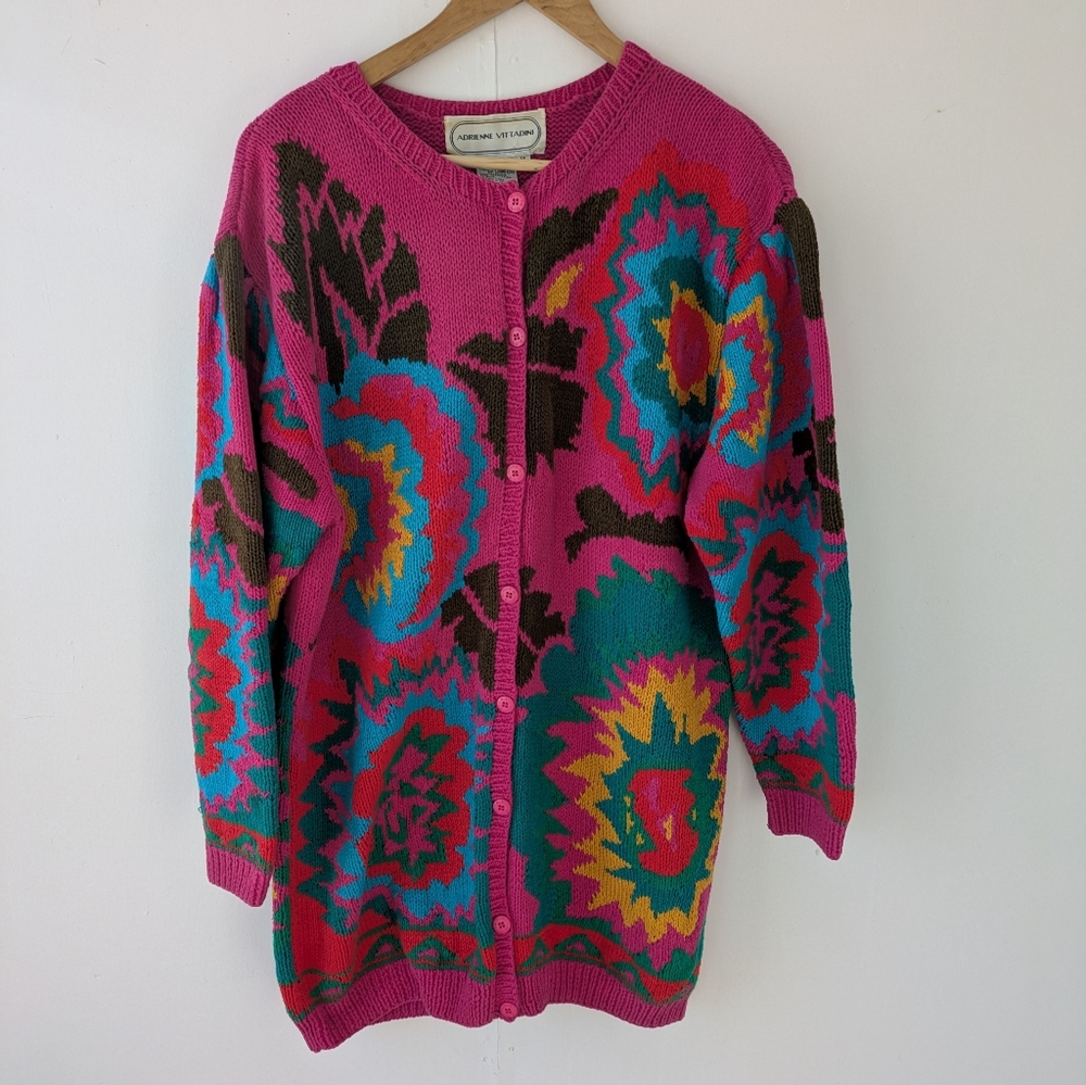 Vintage Adrienne Vittadini Heavy Knit Cotton Cardigan Vibrant Abstract Pattern